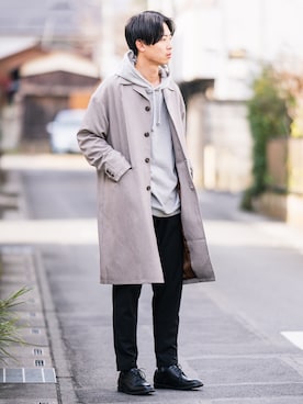 「アイテム（ステンカラーコート）」を使った、Suzuさん（メンズ・182cm・20代）の冬コーディネート