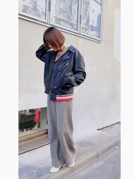 「ワンポイント」｜「アイテム（ライダースジャケット）」を使った、yuunia2さん（レディース・169cm）の冬コーディネート