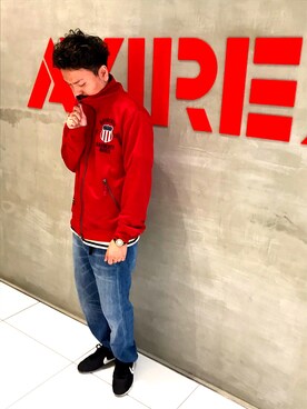 「レッド」｜「アイテム（ジャージ）」を使った、みずかみさん（メンズ・163cm）の夏コーディネート