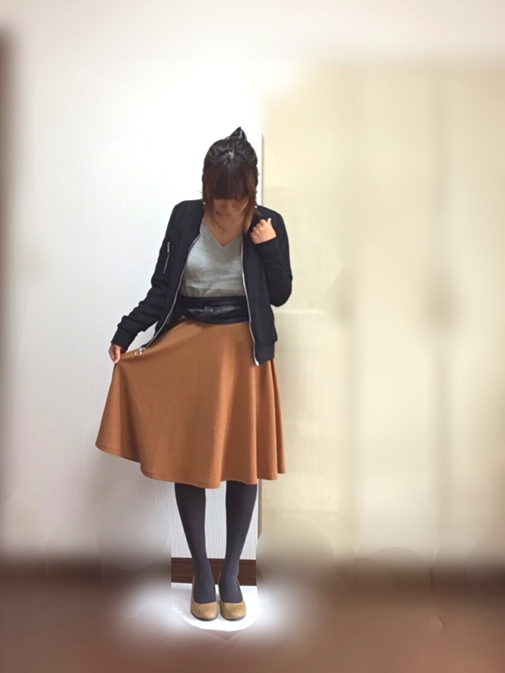 「スカート、おしゃれさんと繋がりたい、ママコーデ、今日のコーデ、ブルゾン、ピアス、男の子ママ」｜「しまむらのアイテム（スカート、ブラウン系）」を使った、ゆー🐣さん（レディース・156cm）の春コーディネートの1枚目の写真