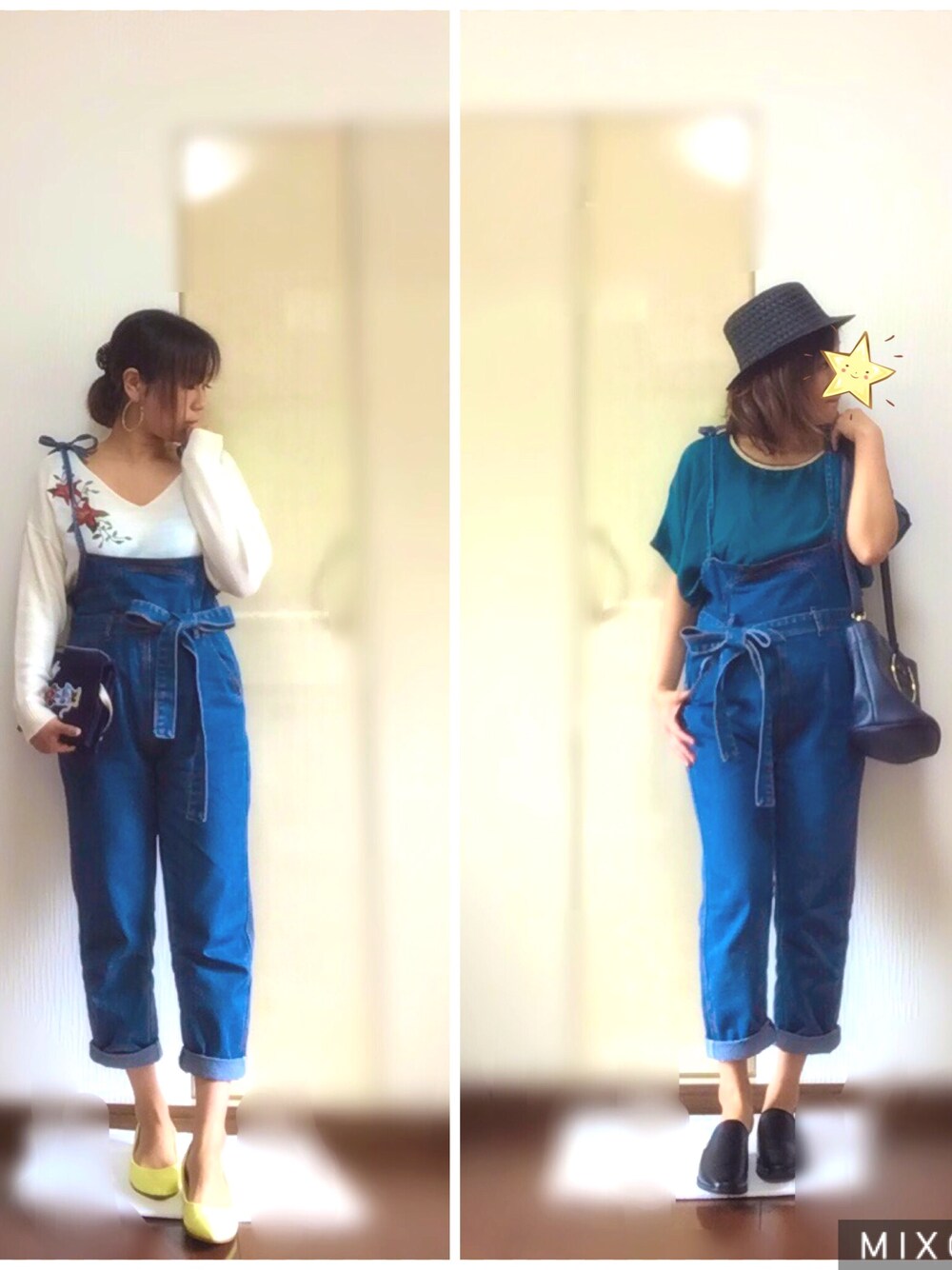 「リボン、サロペット、プチプラ、ママコーデ、おしゃれさんと繋がりたい」｜「La-gemme（ラジエム）のアイテム（サロペット/オーバーオール、ブルー系）」を使った、ゆー🐣さん（レディース・156cm）の春コーディネートの1枚目の写真