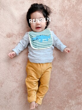 「アイテム（スタイ/よだれかけ、グリーン系）」を使った、RENRENさん（キッズ・60cm）の秋コーディネート