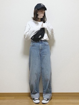 「UNIQLO（ユニクロ）のハイライズワイドストレートジーンズ（デニムパンツ）」を使った、ukiさん（レディース・155cm）の春コーディネート