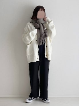「flaner（フラネ）のルーズニットカーディガン（カーディガン/ボレロ）」を使った、ukiさん（レディース・155cm）の秋コーディネート