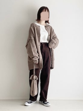 「flaner（フラネ）のルーズニットカーディガン（カーディガン/ボレロ）」を使った、ukiさん（レディース・155cm）の秋コーディネート