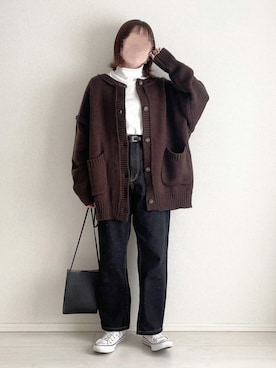 「flaner（フラネ）のルーズニットカーディガン（カーディガン/ボレロ）」を使った、ukiさん（レディース・155cm）の冬コーディネート