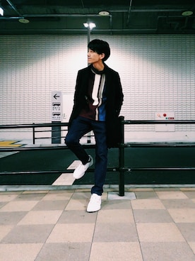 「JUNRED（ジュンレッド）のアイテム（チェスターコート）」を使った、Daikiさん（メンズ・174cm）の秋コーディネート