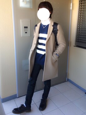「HARE（ハレ）のCASHEEP HIGHLAND WOOL チェスターコート(HARE)（チェスターコート、ベージュ系）」を使った、Masa.kさん（メンズ・175cm）の冬コーディネート