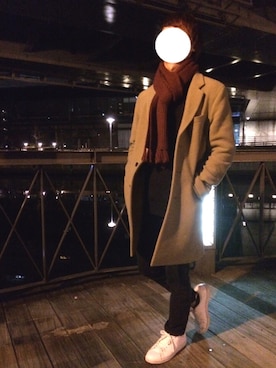 「HARE（ハレ）のCASHEEP HIGHLAND WOOL チェスターコート(HARE)（チェスターコート、ベージュ系）」を使った、Masa.kさん（メンズ・175cm）の冬コーディネート