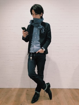 「アイテム（マフラー、ブルー系）」を使った、Katsuki Nodaさん（メンズ・177cm）の冬コーディネート