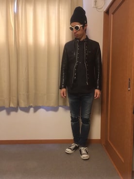 「N.HOOLYWOOD（N.ハリウッド）のアイテム（ライダースジャケット）」を使った、ドメ系のジャイアンさん（メンズ・170cm）の冬コーディネート
