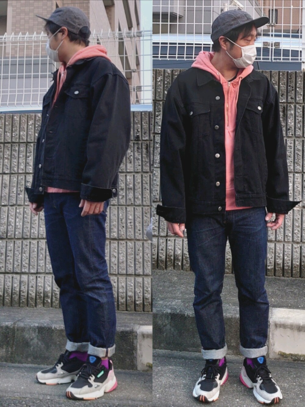 「ビッグシルエット、古着、キャップ、adidas、OBEY、A.P.C.、petit standard、サーモンピンク、Champion、Wrangler」｜「OBEYのアイテム（キャップ、ブラック系）」を使った、とこちんさん（メンズ・167cm）の春コーディネートの1枚目の写真