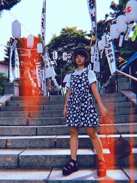 「CA4LA（カシラ）のアイテム（ハット、ブラウン系）」を使った、umekoume23さん（レディース・154cm）の夏コーディネート