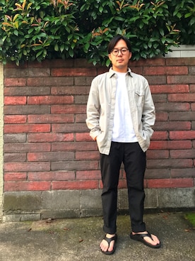 「OLIVER PEOPLES（オリバーピープルズ）のGREGORY PECK-J（メガネ、ブラック系）」を使った、kuromameさん（メンズ・158cm）の夏コーディネート
