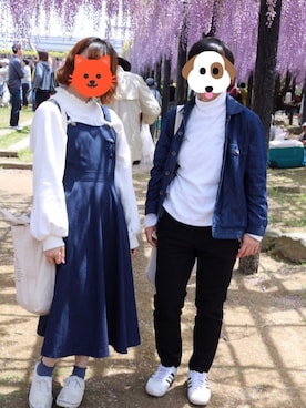 「お揃いコーデ」｜「アイテム（スウェット）」を使った、こばさん（レディース・154cm）の春コーディネート