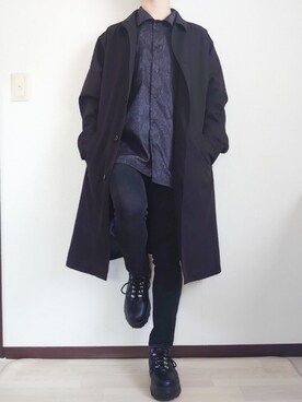 「柄シャツ」｜「アイテム（ステンカラーコート）」を使った、ひろきさん（メンズ・168cm）の冬コーディネート