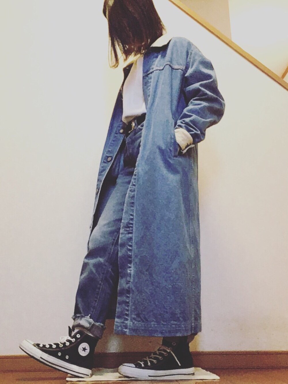 「YOUNG&OLSEN The DRYGOODS STOREのLONG AMERICAN COAT（ステンカラーコート、その他）」を使った、Manasanさん（レディース・150cm）の冬コーディネートの1枚目の写真