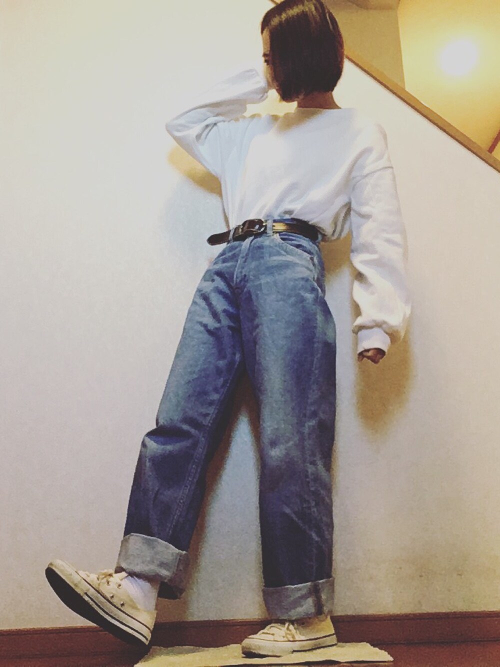 「冬、カジュアル、シンプル、スニーカー、converse」｜「GUのアイテム（スウェット、ホワイト系）」を使った、Manasanさん（レディース・150cm）の冬コーディネートの1枚目の写真