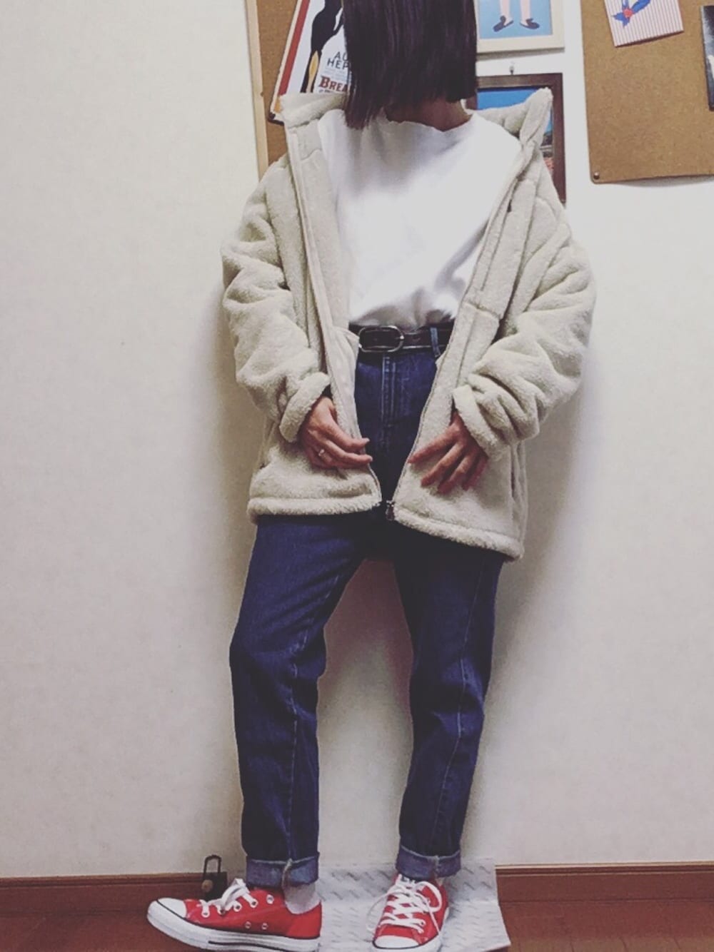 「冬コーデ、UNIQLO、ブロックテックシルキーフリースジャケット、GU、スニーカー、denim」｜「UNIQLOのアイテム（ジャケット/アウター、ベージュ系）」を使った、Manasanさん（レディース・150cm）の冬コーディネートの1枚目の写真