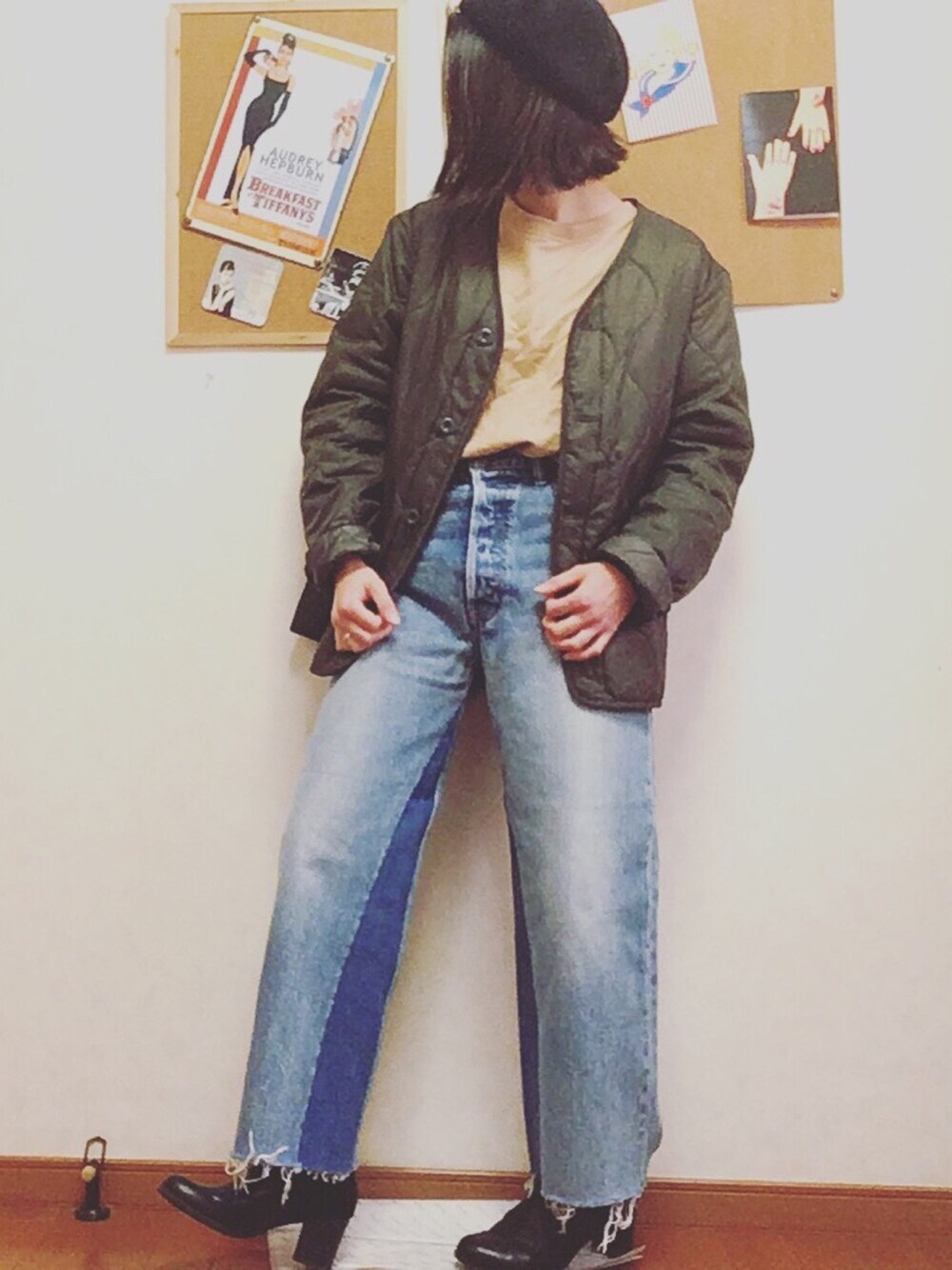 「カジュアル、ラクチンコーデ、ワイドパンツ、ビッグシルエット、ベレー帽、キルティングジャケット」｜「SpRayのＡ／Ｗベレー（ハンチング/ベレー帽、ブラック系）」を使った、Manasanさん（レディース・150cm）の冬コーディネートの1枚目の写真