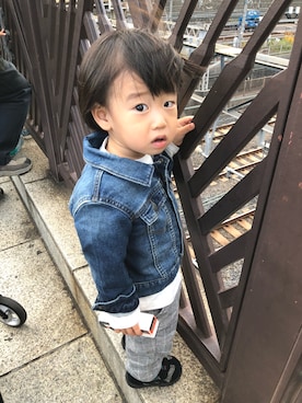 「グレンチェック」｜「アイテム（デニムジャケット）」を使った、chobisukeさん（キッズ・80cm）の秋コーディネート