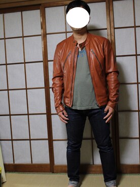「アイテム（ライダースジャケット、オレンジ系）」を使った、ネギっ子さん（メンズ・161cm）の春コーディネート