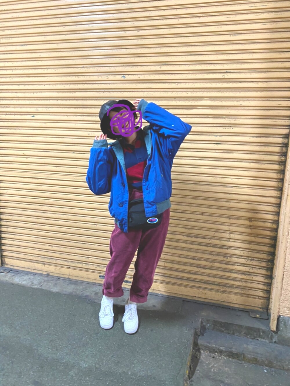 「春コーデ、色合わせ、ラコステ、古着、エアフォース、90’s」｜「LACOSTEのアイテム（ジャケット/アウター、ブルー系）」を使った、メロさん（レディース・162cm）の冬コーディネートの1枚目の写真