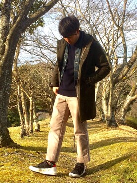 「Pherrow's（フェローズ）のアイテム（チェスターコート）」を使った、fuさん（メンズ・174cm）の春コーディネート