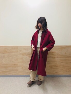 「アイテム（ステンカラーコート、レッド系）」を使った、あらいみきさん（レディース・158cm）の秋コーディネート