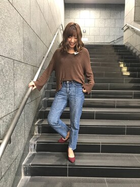 「select MOCA（セレクトモカ）の【GISELe4月号掲載】【GISELe12月号掲載】センタープレスストレートヘムラインカットオフダメージ加工デニム（デニムパンツ）」を使った、ORientalTRaffic 京都CUBE店さん（レディース・162cm）の夏コーディネート