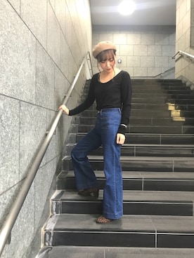 「select MOCA（セレクトモカ）のフロントポケットスリムワイドデニム(ハイウエスト裾フレアワイドデニムパンツ)（デニムパンツ）」を使った、ORientalTRaffic 京都CUBE店さん（レディース・162cm）の秋コーディネート