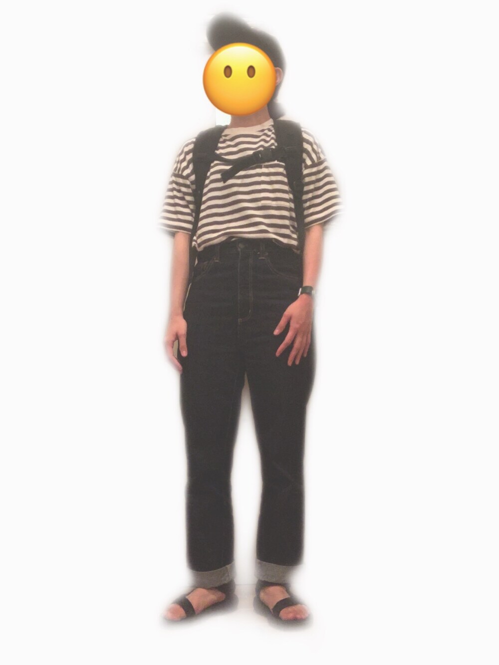 「カジュアルコーデ、サンダルコーデ、プチプラ、デニム、ボーダー、teva、キャップ、リュック、UNIQLO、GU」｜「UNIQLOのアイテム（Tシャツ/カットソー、グリーン系）」を使った、😶さん（レディース・154cm）の夏コーディネートの1枚目の写真