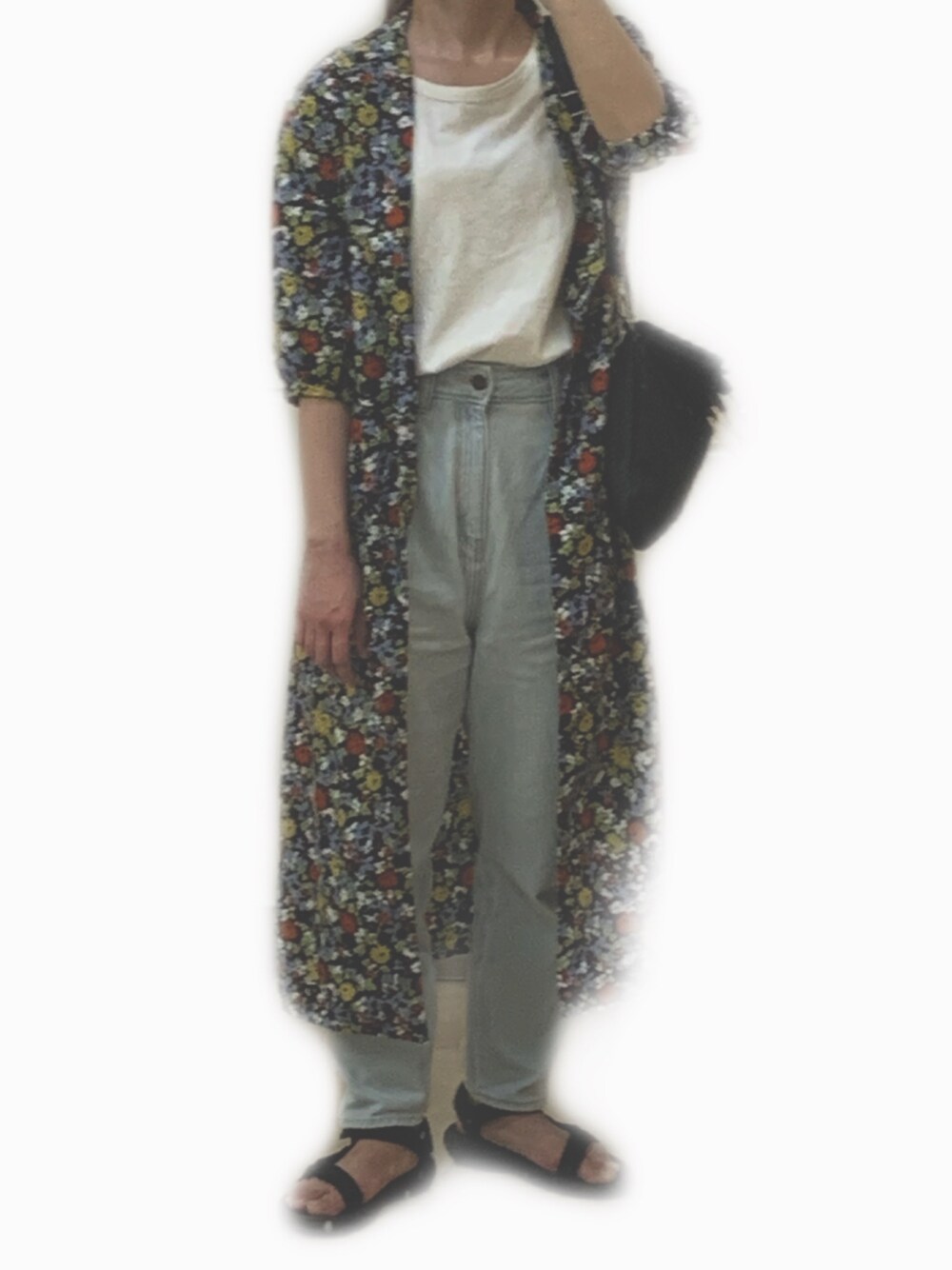 「夏コーデ、カジュアル、夏、サンダル、ロングシャツ、ワンピース、デニム、teva、GU、スポーツサンダル」｜「SENSE OF PLACE by URBAN RESEARCHのアイテム（ワンピース/ドレス、ブルー系）」を使った、😶さん（レディース・154cm）の夏コーディネートの1枚目の写真