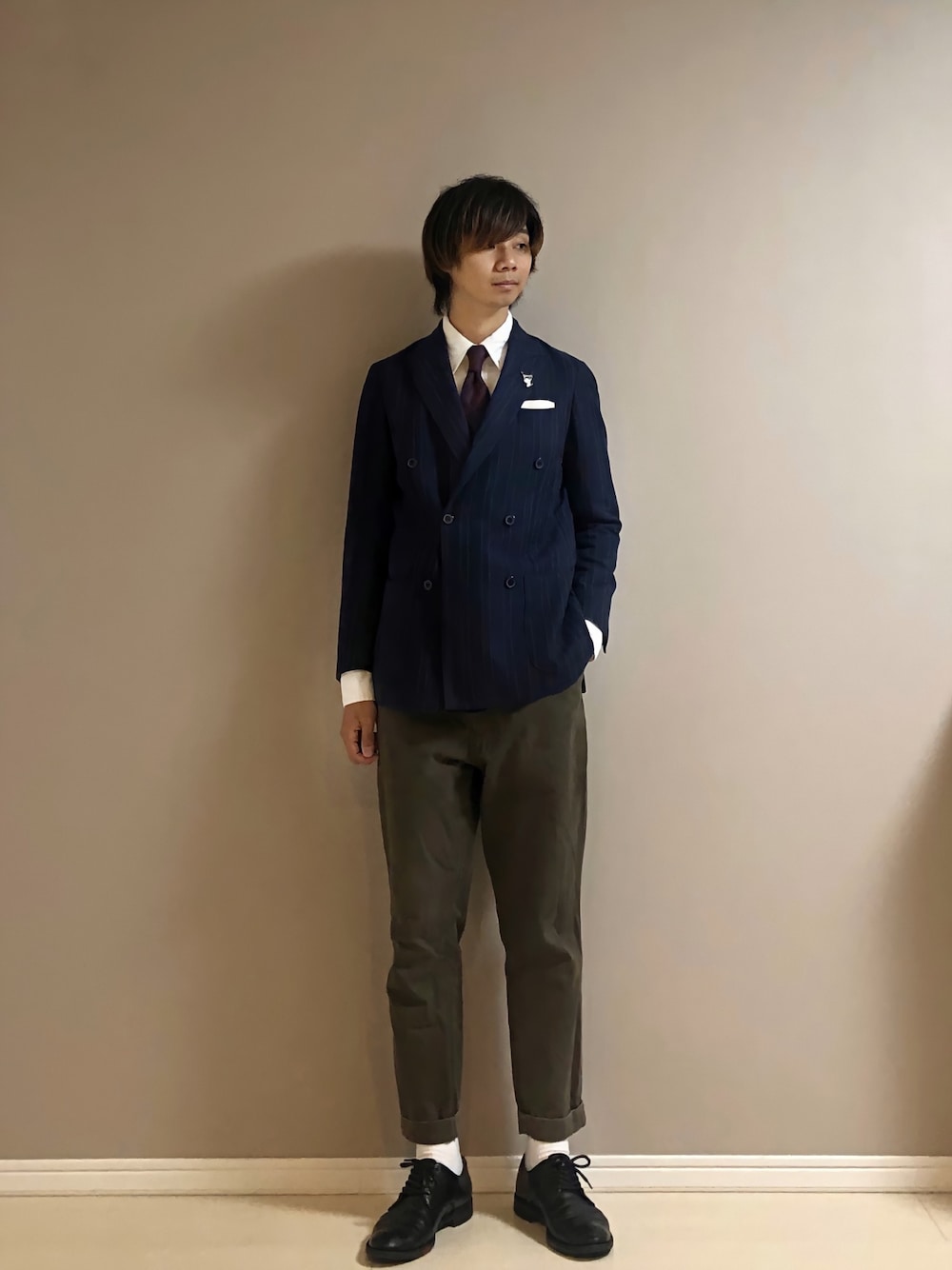 「ダブルジャケット、オックスフォードシャツ、セルビッチデニム、革靴、ネクタイ、RING、green label relaxing、COMME des GARCONS HOMME、altea、GUCCI」｜「GUCCIのプレーントゥシューズ（ドレスシューズ、ブラック系）」を使った、Honeyさん（メンズ・176cm）の夏コーディネートの1枚目の写真