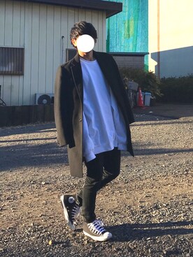 「肩掛け」｜「アイテム（チェスターコート）」を使った、Hi-deさん（メンズ・166cm）の冬コーディネート