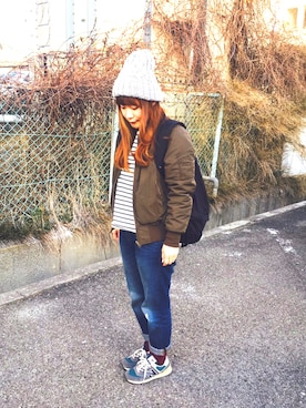 「Right-on（ライトオン）のアイテム（ミリタリージャケット）」を使った、k.shokoさん（レディース・155cm）の冬コーディネート