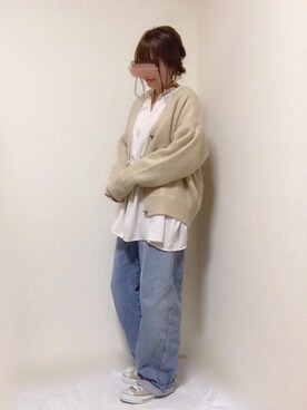 「UNIQLO（ユニクロ）のハイライズワイドストレートジーンズ（デニムパンツ）」を使った、はる☻さん（レディース・162cm）の春コーディネート