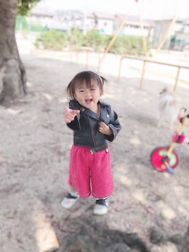 「西松屋（ニシマツヤ）のアイテム（ライダースジャケット）」を使った、Yuü&Honöさん（キッズ・80cm）の秋コーディネート