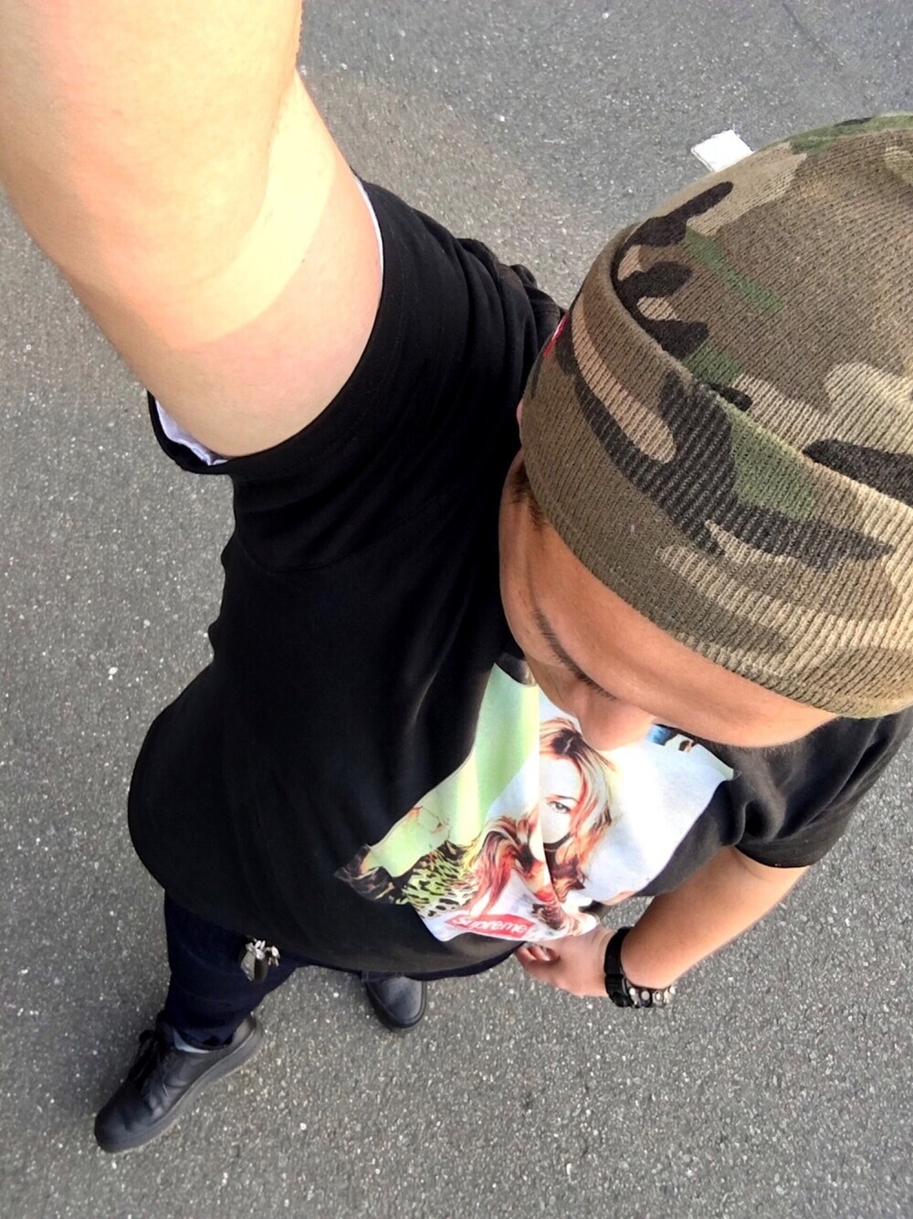 「カモフラキャップ、ミリタリーテイスト」｜「Supreme の16FW Camo Beanie（ニットキャップ/ビーニー、グリーン系）」を使った、NurseManさん（メンズ・175cm）の春コーディネートの1枚目の写真