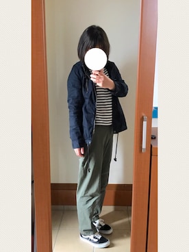 「GLOBAL WORK（グローバルワーク）のWフェイスボーダープルオーバー長袖2/743479（Tシャツ/カットソー、ホワイト系）」を使った、Tomoさん（レディース・160cm）の春コーディネート