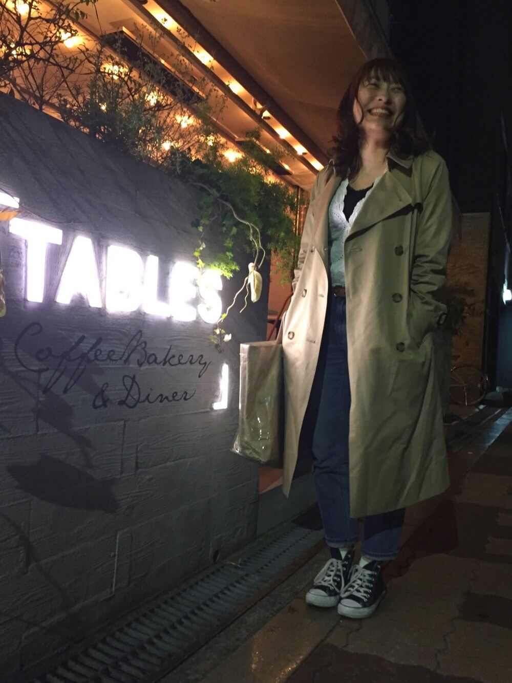 「トレンチコート、GU、ジャーナルスタンダードレリューム、アンドジェイ(ANDJ)、spring、はるコーデ、ootd」｜「journal standard L'essageのコットンツイル ベーシック トレンチコート#（トレンチコート、ベージュ系）」を使った、なかさん（レディース・160cm）の春コーディネートの1枚目の写真