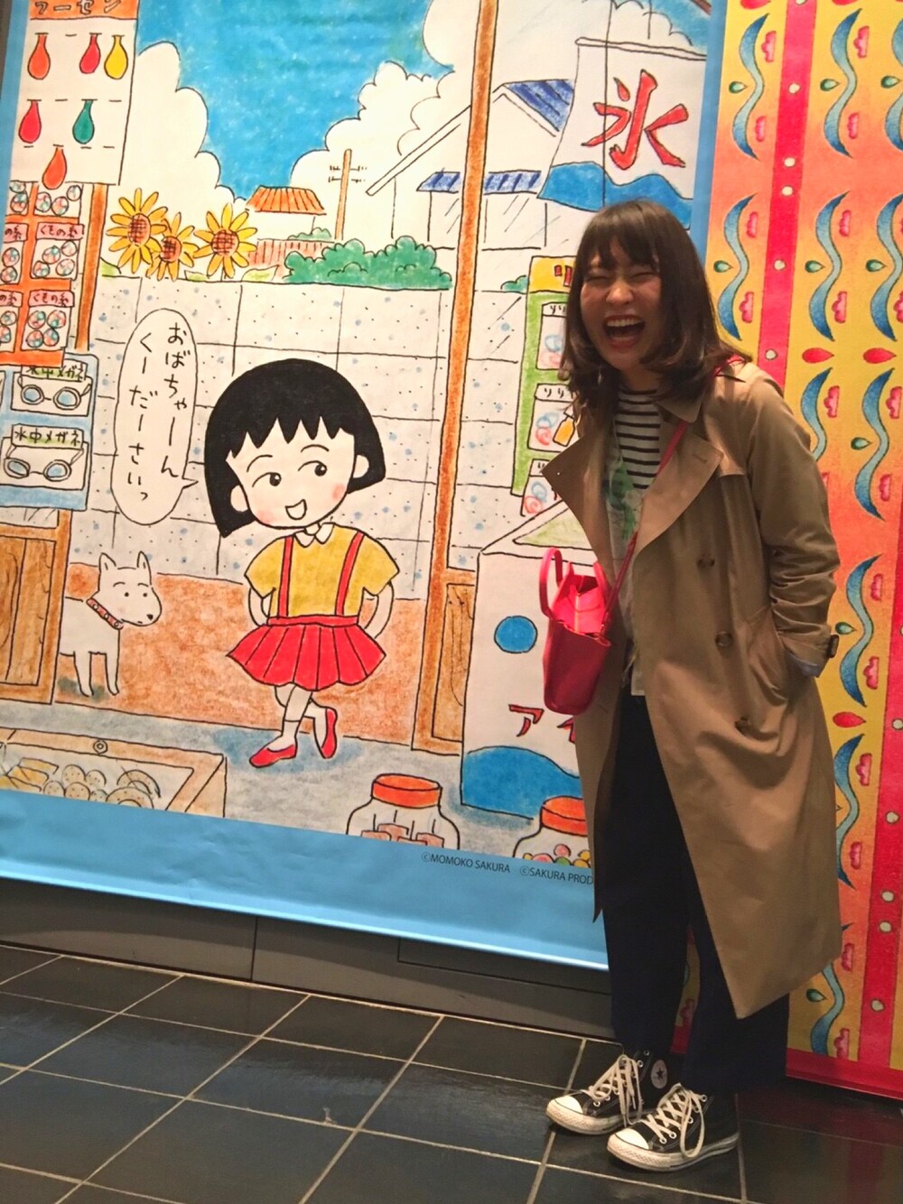 「ZARA、UNIQLO、GU、トレンチコート、ボーダー、さくらももこの世界展、コンバース」｜「journal standard L'essageのコットンツイル ベーシック トレンチコート#（トレンチコート、ベージュ系）」を使った、なかさん（レディース・160cm）の春コーディネートの1枚目の写真
