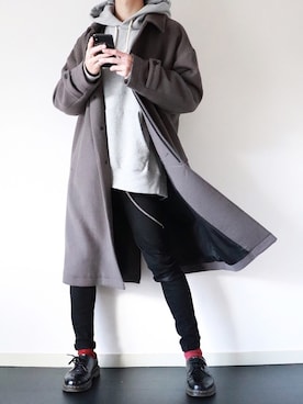 「HARE（ハレ）のアイテム（ステンカラーコート）」を使った、ぴたんさん（メンズ・173cm）の冬コーディネート