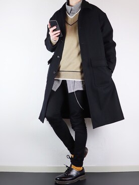 「LIDNM（リドム）のアイテム（ステンカラーコート）」を使った、ぴたんさん（メンズ・173cm）の冬コーディネート