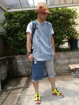 「mercibeaucoup,（メルシーボークー）のアイテム（トップス）」を使った、かもさんさん（メンズ・171cm）の夏コーディネート