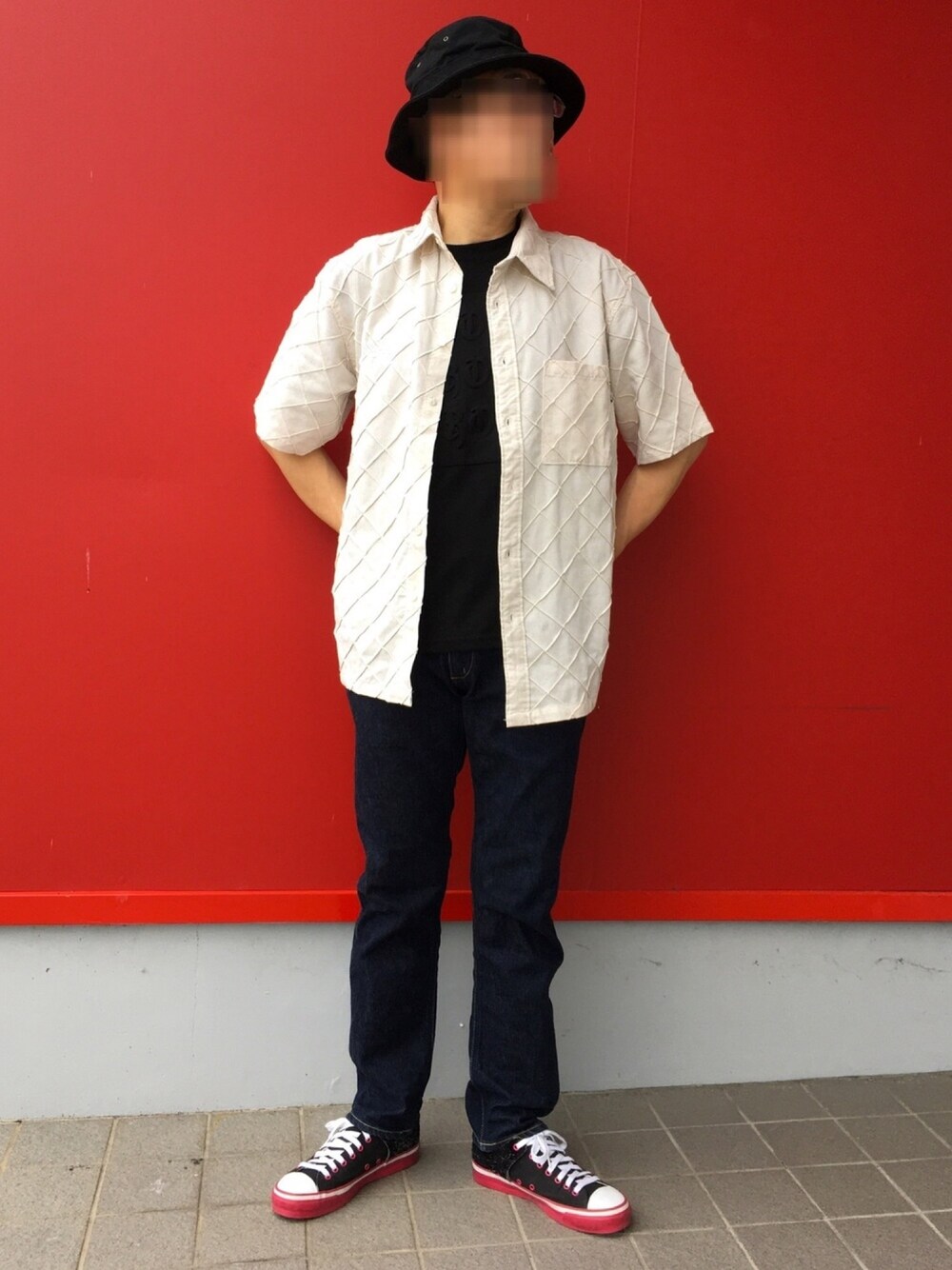 「おしゃれさんと繋がりたい、夏コーデ、バケットハット、シャツコーデ、ASNADISPEC、フリークスストア(FREAK'S STORE)、PF-FLYERS、Polo Ralph Lauren」｜「ASNADISPECのアイテム（シャツ/ブラウス、ベージュ系）」を使った、Yukioさん（メンズ・173cm）の春コーディネートの1枚目の写真