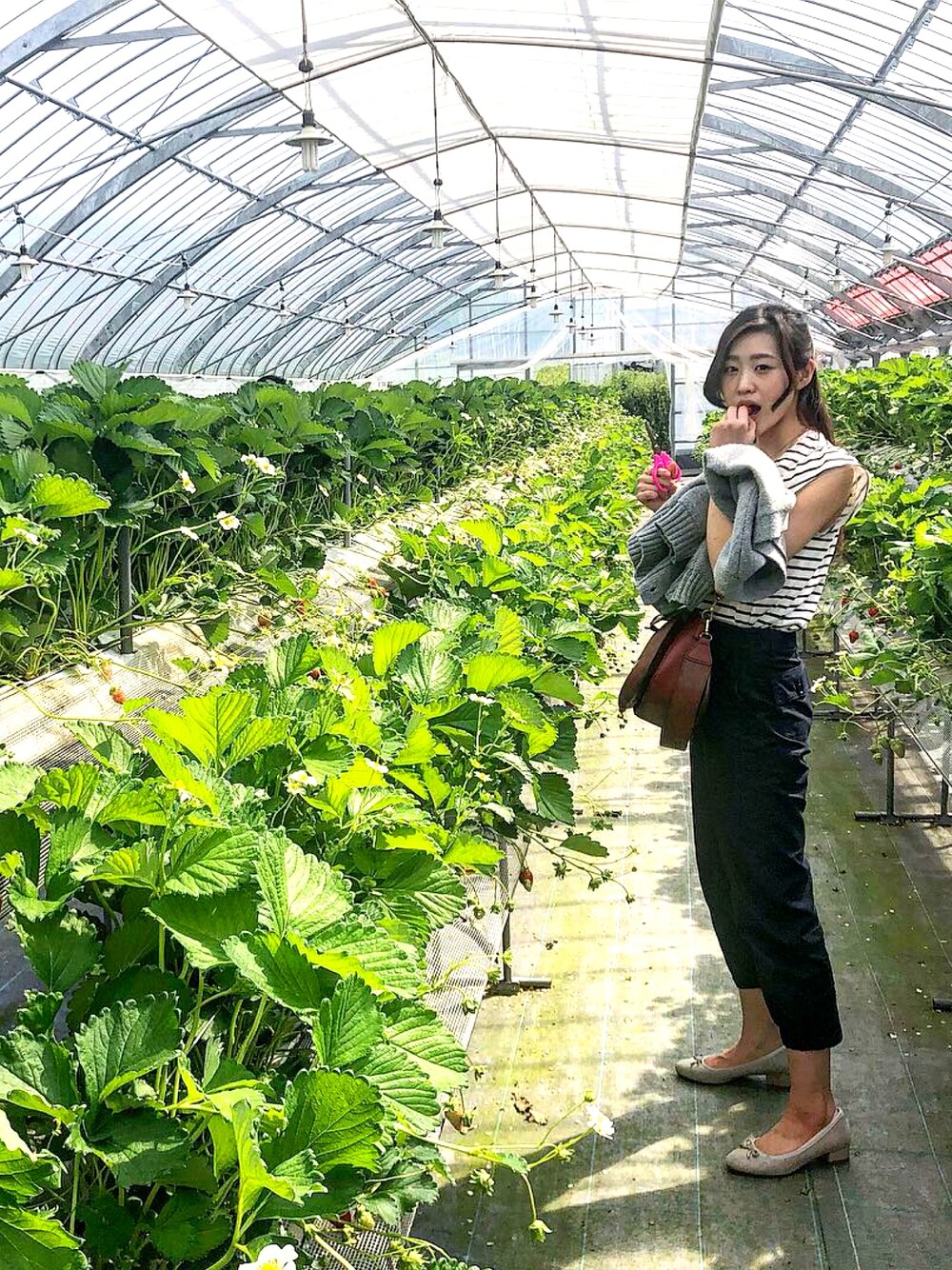 グレー系のカーディガン/ボレロ、ホワイト系のトップス、レッド系のトートバッグを着用したレディースの夏コーディネートの1枚目の写真