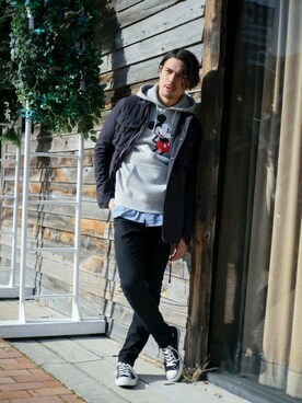 「スエット」｜「アイテム（ミリタリージャケット）」を使った、DenimeWebStoreさん（メンズ・173cm）の冬コーディネート