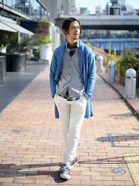 「スエット」｜「アイテム（ステンカラーコート）」を使った、DenimeWebStoreさん（メンズ・173cm）の冬コーディネート
