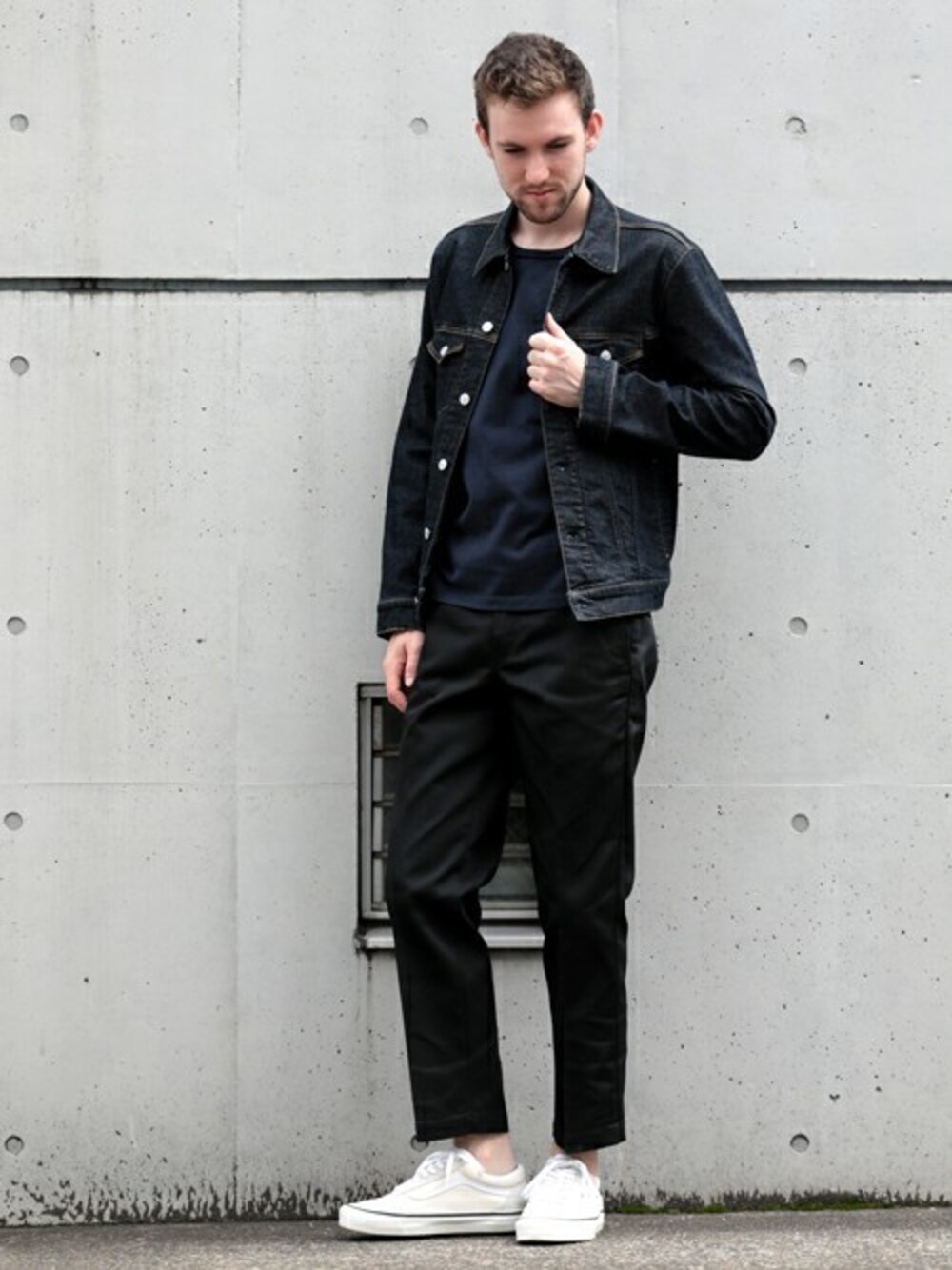 「Denime、Dickies、ジージャン、ドゥニーム、ディッキーズ(Dickies)、DENIME THE STORE」｜「Denimeのハイストレッチデニムジャケット（デニムジャケット、ブルー系）」を使った、DenimeWebStoreさん（メンズ・184cm）の秋コーディネートの1枚目の写真